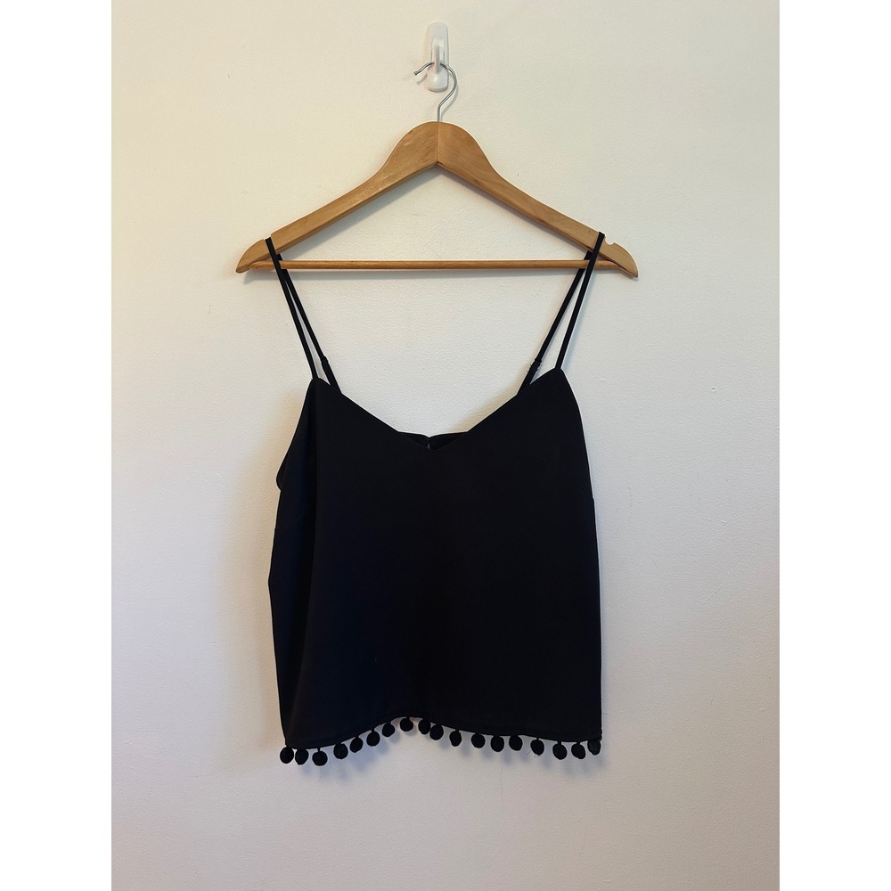 French Connection Black Pom Pom Trim V-Neck Cami | Size Medium